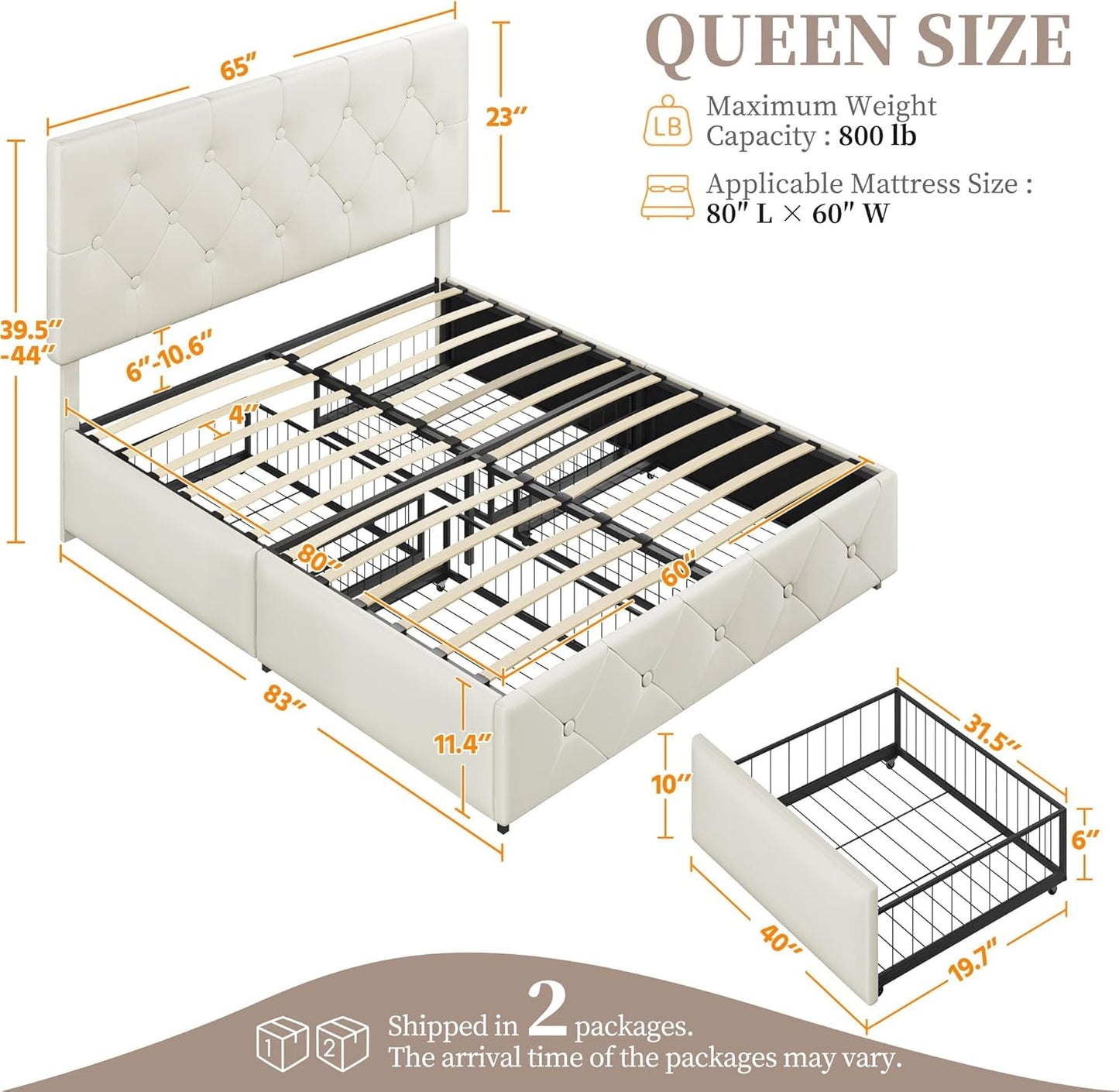 Upholstered Bed Frame with 4 Storage Drawers & Adjustable Headboard