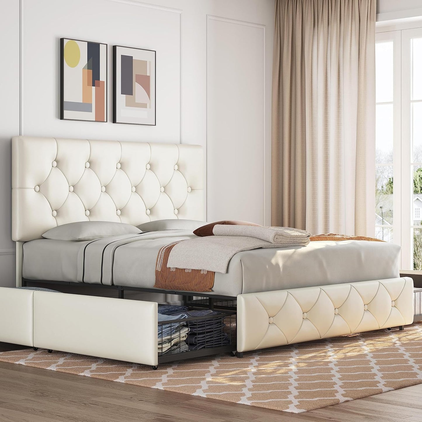 Upholstered Bed Frame with 4 Storage Drawers & Adjustable Headboard