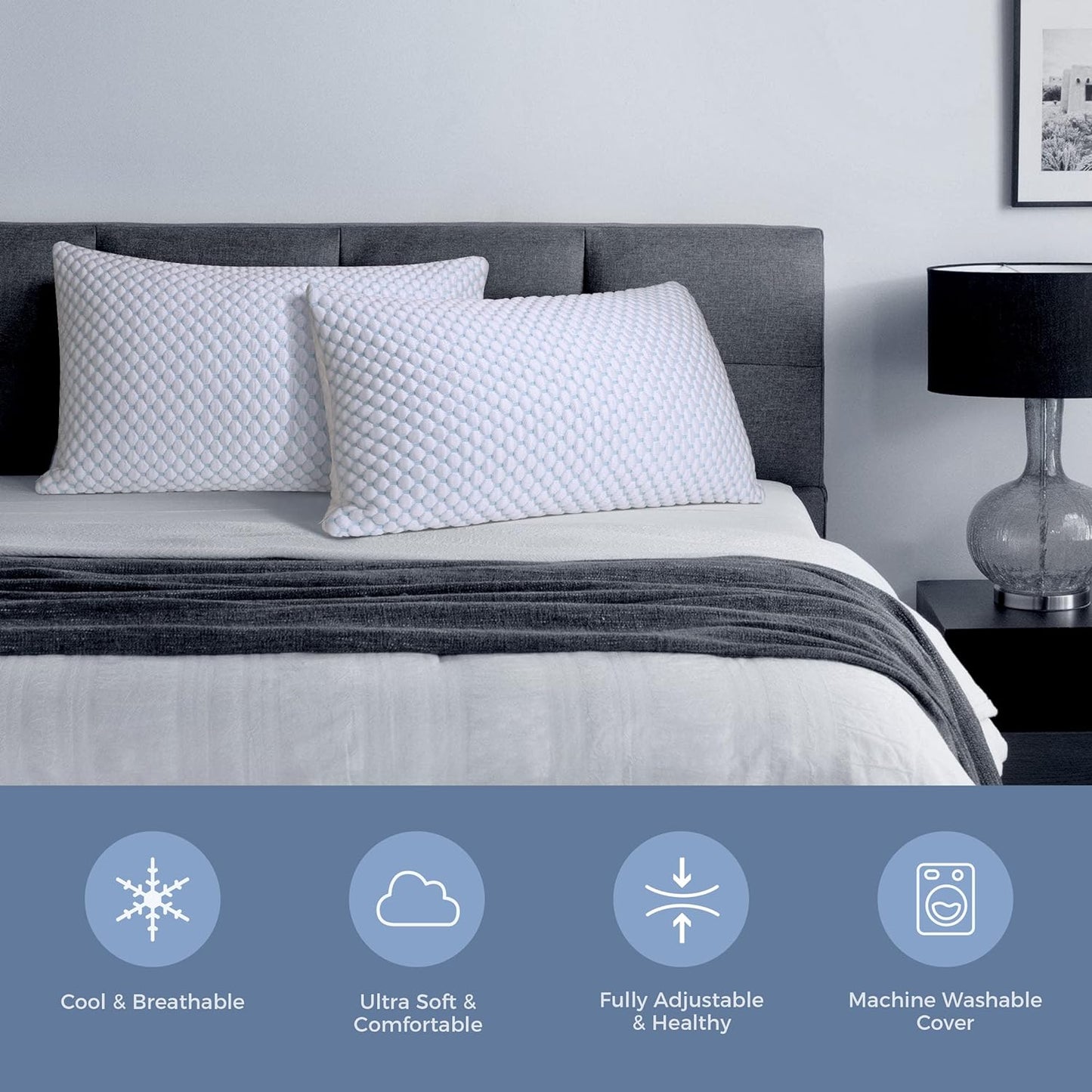 2-Pack Cooling Memory Foam Pillows - Adjustable Loft for All Sleep Positions