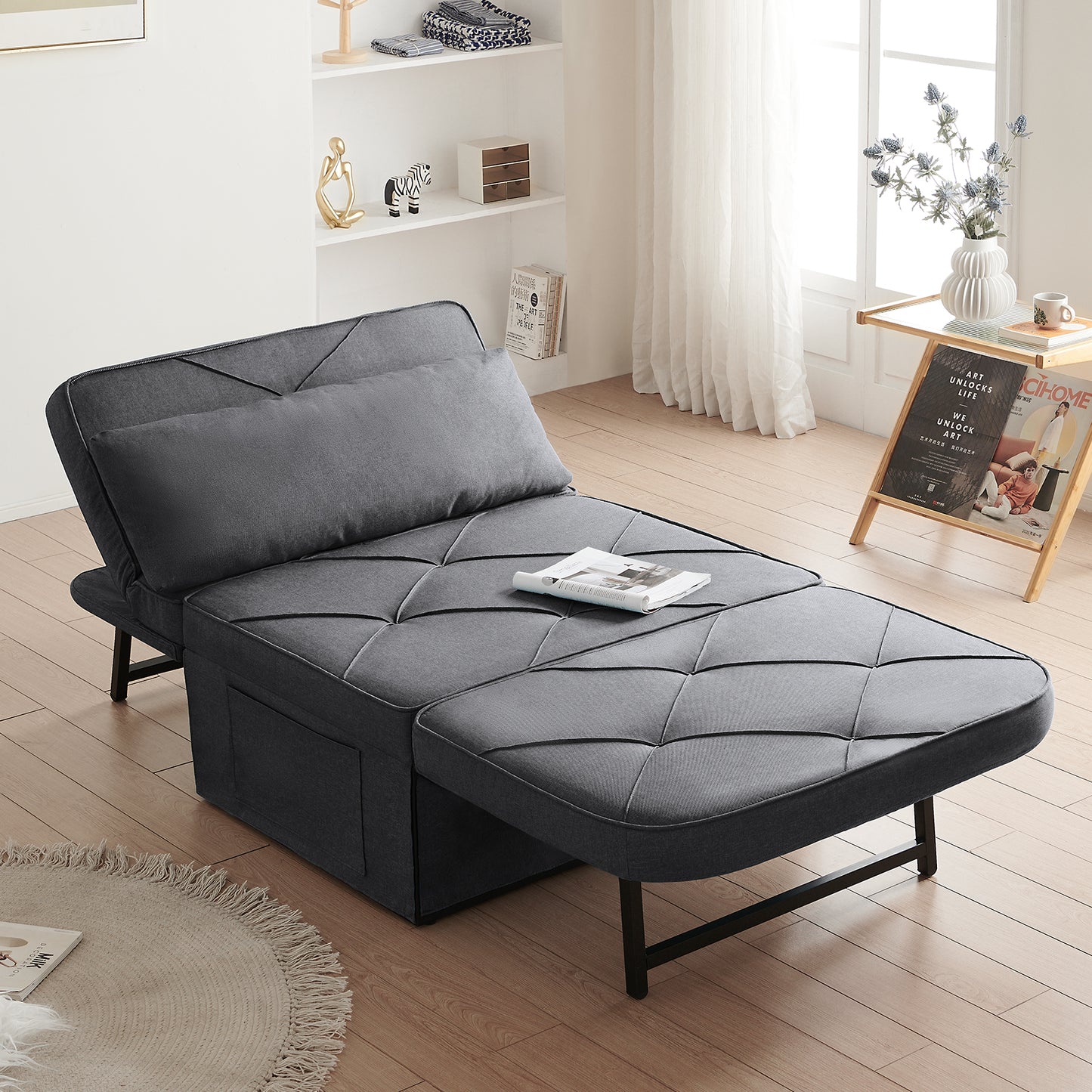 4-in-1 Convertible Sofa Bed - Modern Dark Gray Folding Ottoman with Adjustable Sleeper