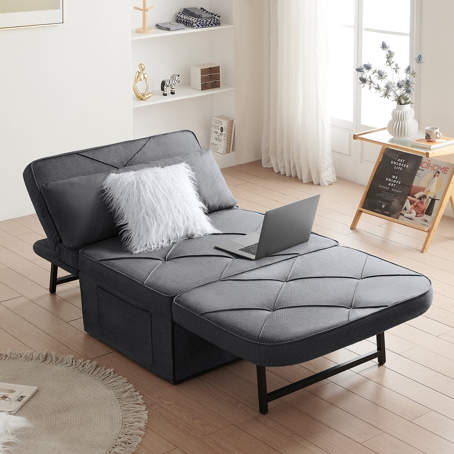 4-in-1 Convertible Sofa Bed - Modern Dark Gray Folding Ottoman with Adjustable Sleeper