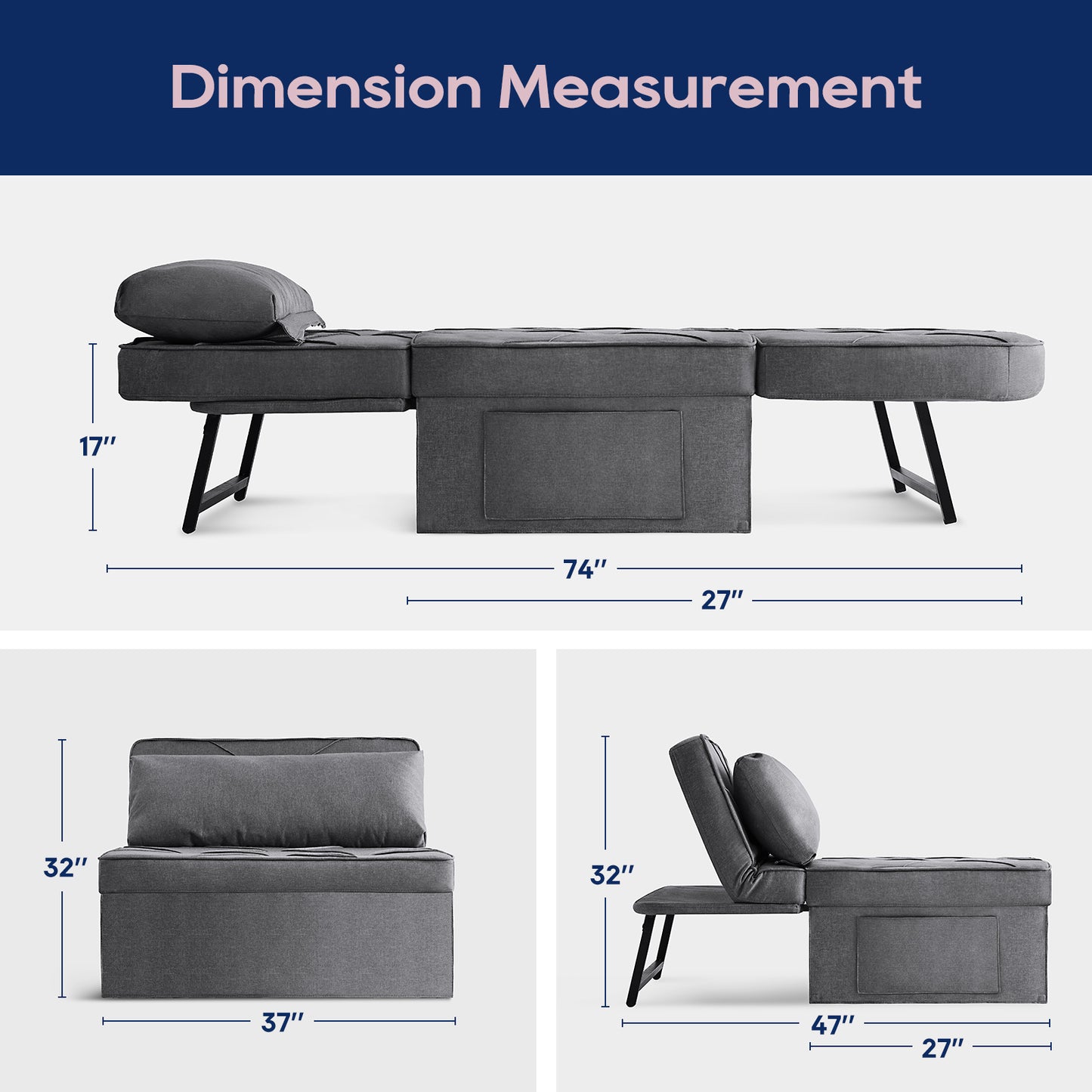 4-in-1 Convertible Sofa Bed - Modern Dark Gray Folding Ottoman with Adjustable Sleeper